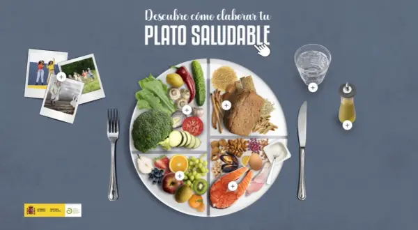Un plato dividido en cuatro secciones muestra alimentos variados: verduras, frutas, cereales y proteínas. Es el plato del buen comer, ideal para una dieta equilibrada.