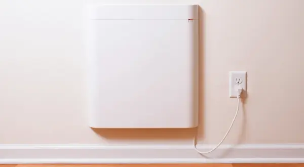 Un radiateur électrique blanc, moderne et discret, est branché à une prise murale. Ce type de radiateur est une solution de chauffage efficace.