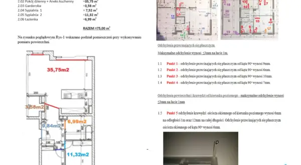 Rysunek techniczny mieszkania z zaznaczonymi wymiarami pomieszczeń i punktami pomiarowymi.
