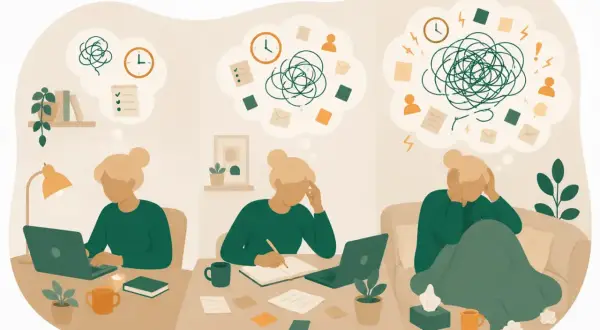 Illustration visar en kvinna som kämpar med tankar och uppgifter, vilket speglar utmaningarna med medelsvår adhd.
