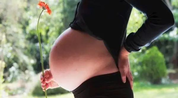 Ciąża w 3 trymestrze. Brzuch ciężarnej z kwiatkiem w dłoni, symbolizującym nowy początek.