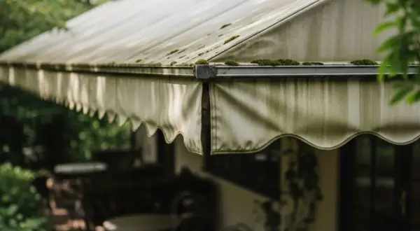Tenda da sole con muschio e segni di lavaggio. L'esterno di un locale con tavoli e sedie visibili sotto.