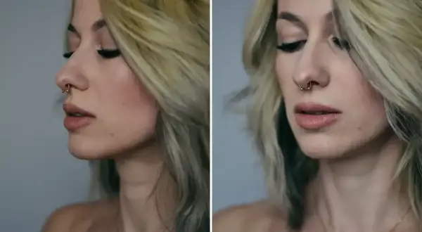 Kobieta z blond włosami i kolczykiem w nosie (septum). Widać jej profil i zbliżenie na twarz.