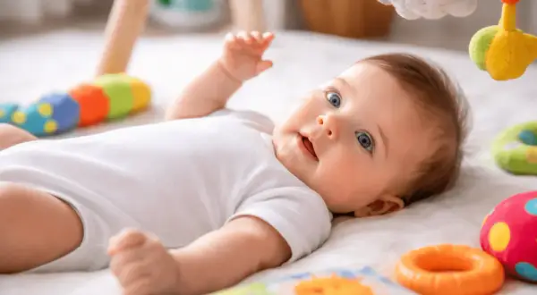 Un bebé de 3 meses, con ojos azules y una sonrisa curiosa, juega rodeado de coloridos juguetes en una alfombra suave.