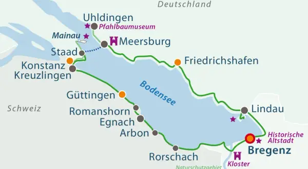 Karte des Bodensees mit Radwegen. Entdecken Sie Fahrradtouren Deutschland, Schweiz und Österreich. Orte wie Konstanz, Bregenz, Lindau.