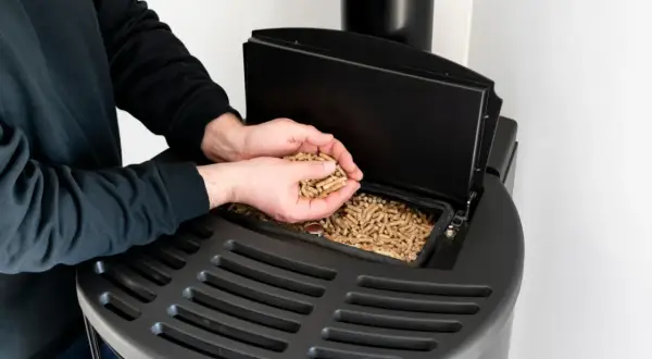 Mężczyzna wsypuje pellet do nowoczesnego pieca. Dofinansowanie do pieca na pellet to świetny sposób na ekologiczne ogrzewanie.