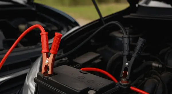 Starta bilen med startkablar. Röd klämma på bilbatteri plus, svart på minus.