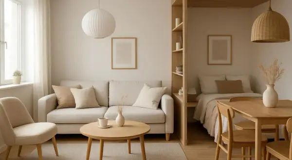Przytulny dom skandynawski projekt: jasna sofa, drewniane meble, łóżko wnękowe i minimalistyczne dekoracje tworzą spokojną atmosferę.