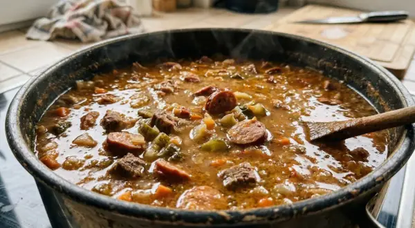 Gęsta zupa z kiełbasą i mięsem, parująca w garnku. Idealna porcja to około 300-400 ml zupy na osobę.