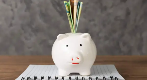 Biała świnka skarbonka z banknotami na zeszycie. Zastanawiasz się, ile kosztuje przedszkole państwowe?
