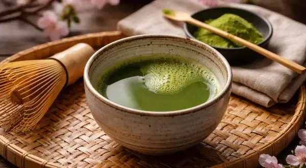 En skål med grön matcha latte, en bambuvisp och en skål med matchapulver. Blommor i bakgrunden.
