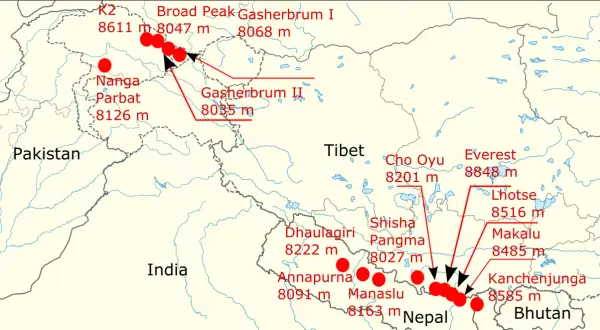 Karte der 8000er Berge: K2, Everest, Nanga Parbat und weitere Gipfel in Pakistan, Indien, Nepal, Tibet und Bhutan.