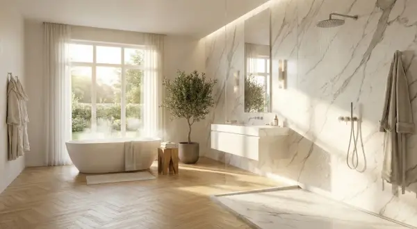 Une élégante salle de bain marbre avec baignoire, douche, lavabo suspendu et un petit olivier. Lumière naturelle douce.