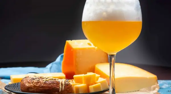 Un bicchiere di birra dorata con schiuma abbondante, accompagnato da vari tipi di formaggio e un panino con semi.