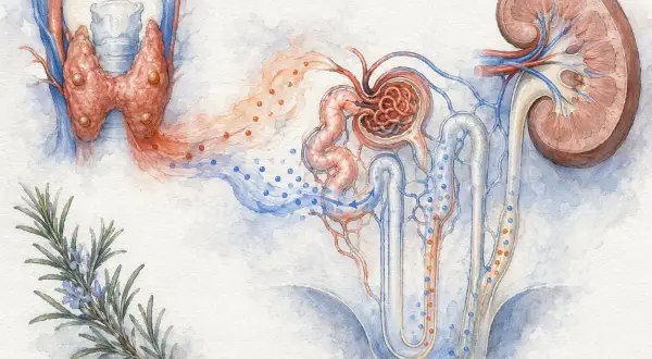 Ilustracja przedstawia przytarczyce i nerkę, pokazując przepływ substancji, w tym wapnia, kluczowego dla działania parathormonu.
