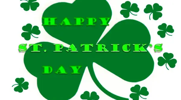 Tréboles verdes rodean el texto "Feliz Día de San Patricio".