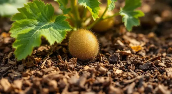 Un jeune kiwi velu, prêt à pousser, au milieu de la terre et des feuilles vertes. L'art de planter des kiwis commence ici.