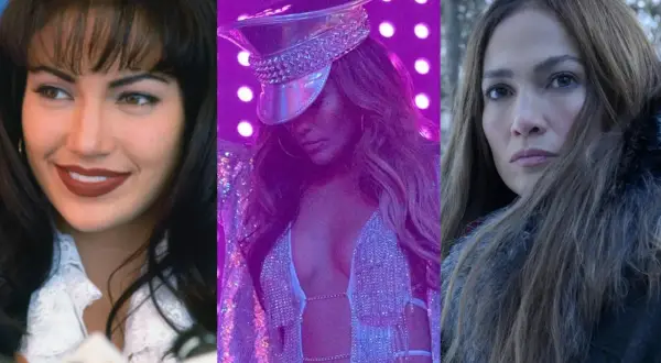 Jennifer Lopez w filmach: jako Selena, w błyszczącym stroju scenicznym i w zimowej scenerii.