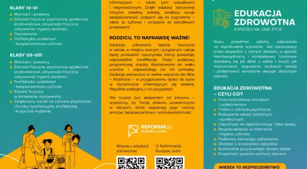 Edukacja zdrowotna program dla szkół podstawowych: wartości, profilaktyka, bezpieczeństwo cyfrowe. Dzieci uczą się dbać o siebie i innych.