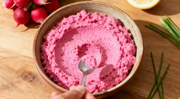 Un bol de tarama maison rose vif, garni de radis, d'une tranche de citron et de ciboule.
