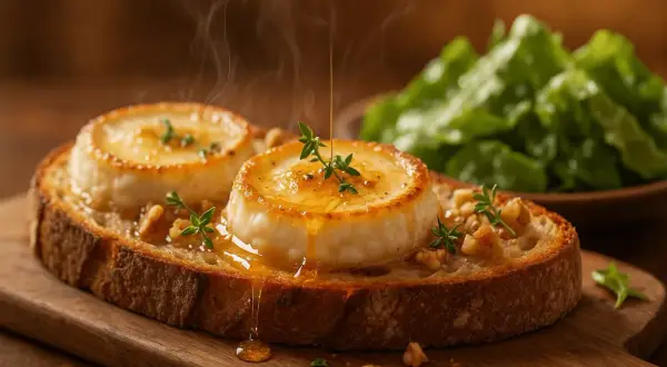 Tranche de pain grillé garnie de deux ronds de **chèvre chaud** fondants, arrosés de miel doré et parsemés de noix et de thym. Vapeur s'échappant.
