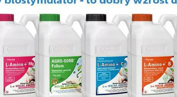 Cztery białe kanistry z biostymulatorami Agro Sorb Folium, L-Amino+Mg, L-Amino+Ca, L-Amino+B.