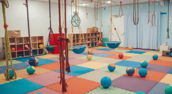 Bewegungslandschaft Krippe Ideen: Bunte Matten, Schaukeln und Bälle laden zum Spielen und Entdecken ein.