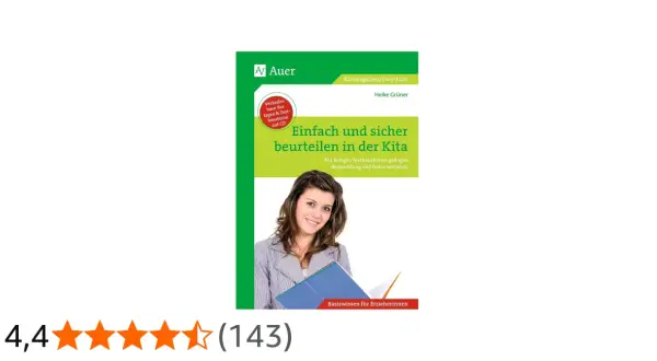 Buchcover: "Einfach und sicher beurteilen in der Kita" mit einer lächelnden Frau. Hilft bei der **offenen Beobachtung** und Dokumentation.