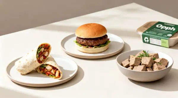 En vegansk burgare, wrap och bitar av "kött" från Opph. Perfekt för den som vill ha soja och glutenfritt.