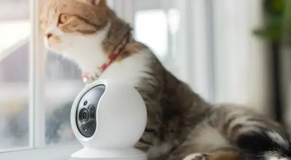 Un chat tigré, curieux, observe par la fenêtre, à côté d'une caméra de surveillance. Pourrait-il déclencher une alarme ?