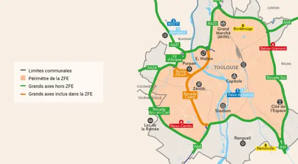 Carte de Toulouse montrant le périmètre de la ZFE et les grands axes routiers. La vignette Crit'Air est nécessaire pour circuler dans cette zone.