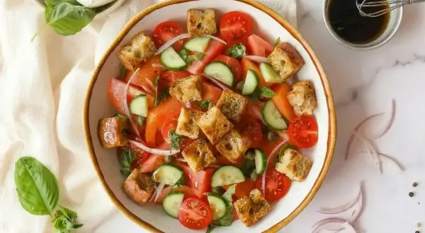 Ein frischer Brotsalat mit Tomaten, Gurken und Croutons. Ein tolles Rezept für einen leichten Sommergenuss.