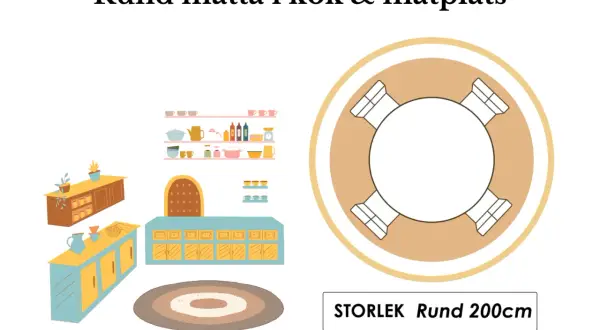 En rund matta i kök & matplats, 200 cm i diameter, passar perfekt under ett runt matbord med stolar.