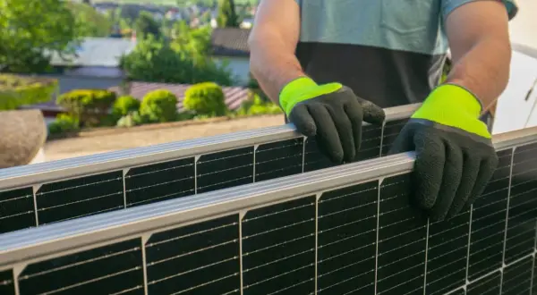 Un técnico de placas solares instala paneles en un tejado con vistas a un pueblo.