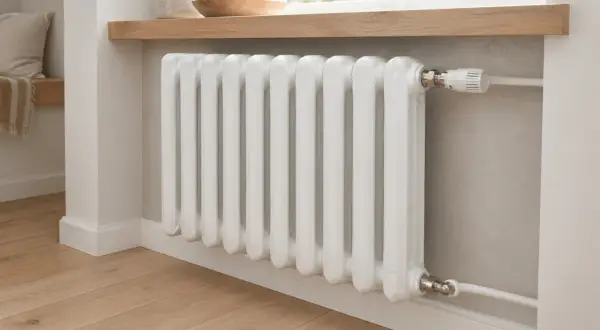 Biały, żeliwny grzejnik żeberkowy pod oknem, z termostatem. Decyzja: grzejnik żeliwny czy aluminiowy?