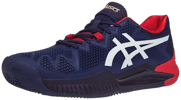 Scarpa da tennis blu e rossa Asics Gel Resolution 8 Clay, ideale per la terra battuta.