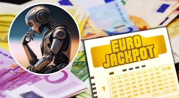 Robot myślący nad kuponem Eurojackpot i banknotami euro.