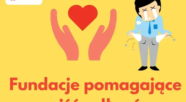 Rządowa pomoc dla zadłużonych: fundacje wspierają osoby w kryzysie finansowym. Dwie dłonie trzymają serce, obok płaczący mężczyzna z pustymi kieszeniami.