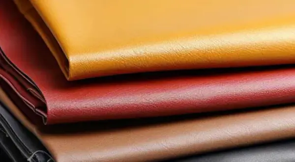 Pile de cuirs enduits aux couleurs vives : jaune, rouge, marron et noir. Ce cuir enduit, c'est quoi ? Une matière synthétique résistante et polyvalente.