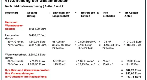 Aufstellung der Heiz- und Warmwasserkosten: Berechnung der Gesamtkosten, aufgeteilt nach Grundkosten und Verbrauchskosten.