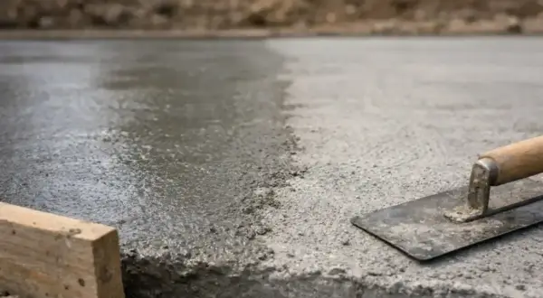 Świeżo wylany, mokry beton czeka na wykończenie. Narzędzia budowlane, jak kielnia i drewniany kloc, sugerują szybki beton i początek prac.