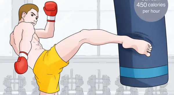 A man in boxing gloves and yellow shorts kicks a punching bag, showing how you can burn 450 calories per hour.