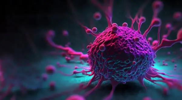 Różowa, kolczasta komórka nowotworowa, symbolizująca wyzwanie dla immunoterapii, otoczona mniejszymi kulkami na ciemnym tle.