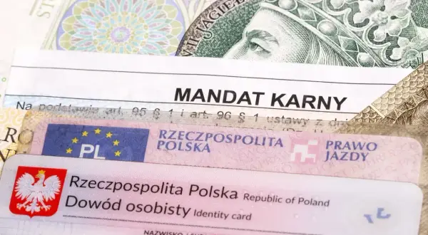Mandat karny, prawo jazdy i dowód osobisty na tle banknotu. Ile jest pytań na prawo jazdy? To zależy od kategorii.