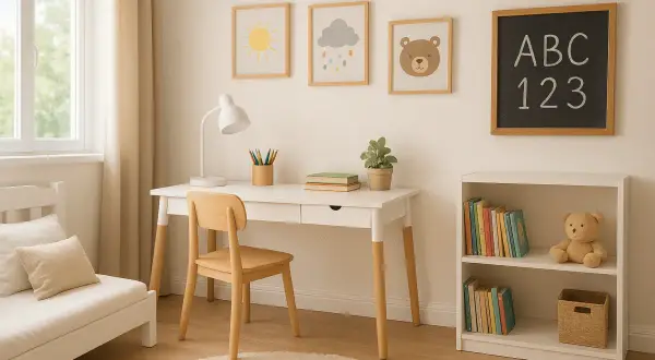 Schreibtisch im Kinderzimmer mit süßen Bildern, Büchern und einem Teddybär. Tolle kinderzimmer schreibtisch ideen für kleine Entdecker.