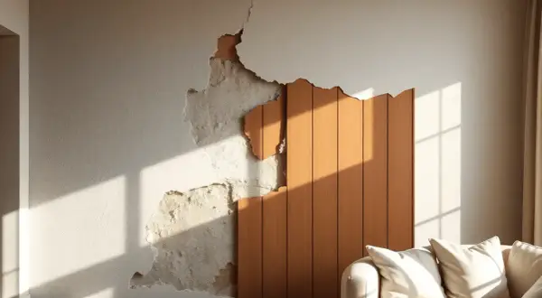 Une solution créative pour comment cacher un vilain mur intérieur : un panneau de bois chaleureux recouvre une partie abîmée, créant un contraste texturé.