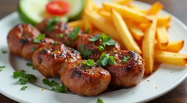 Sześć grillowanych mięsnych kulek z frytkami i warzywami. Zastanawiasz się, ile kcal ma kebab w picie?
