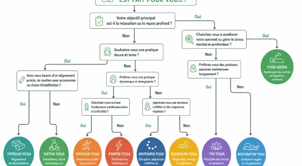 Arbre de décision pour choisir quel type de yoga vous convient le mieux, basé sur vos objectifs et préférences.
