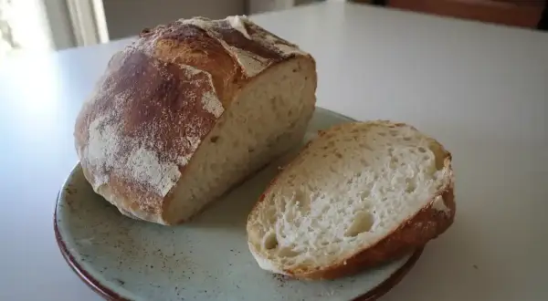 Nybakad ciabatta, perfekt för ditt nästa ciabatta recept. En bit är uppskuren och visar det luftiga inkråmet.