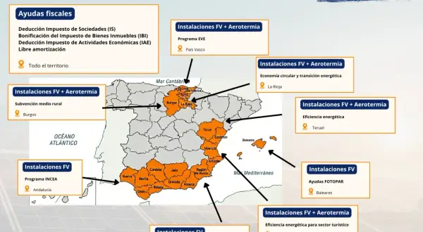 Mapa de España con ayudas para placas solares. Aprende cómo solicitar subvención europea placas solares en diferentes regiones.